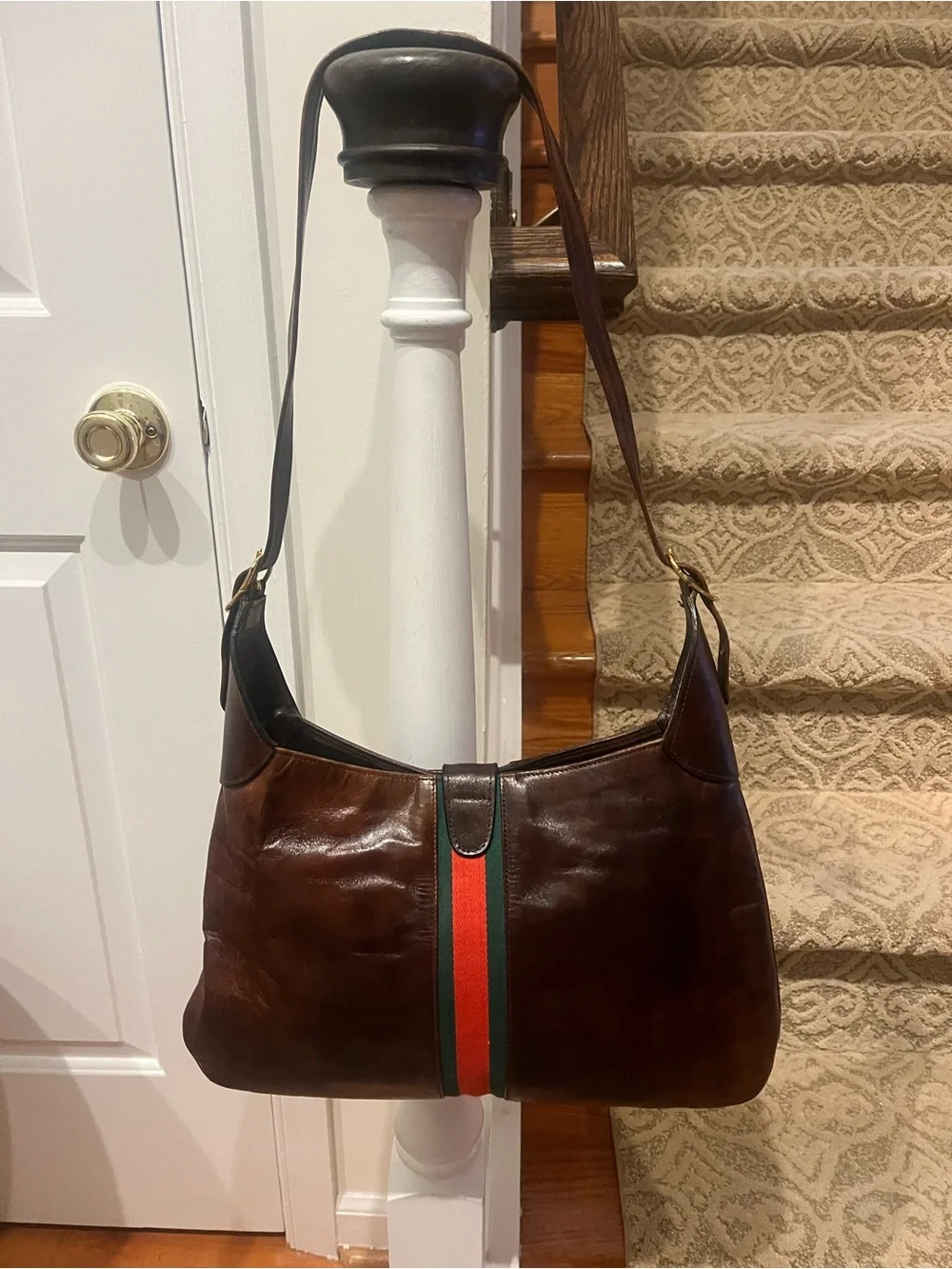 Riviera Dark Brown Leather Hobo with Red and Green Stripe & Gold Accent